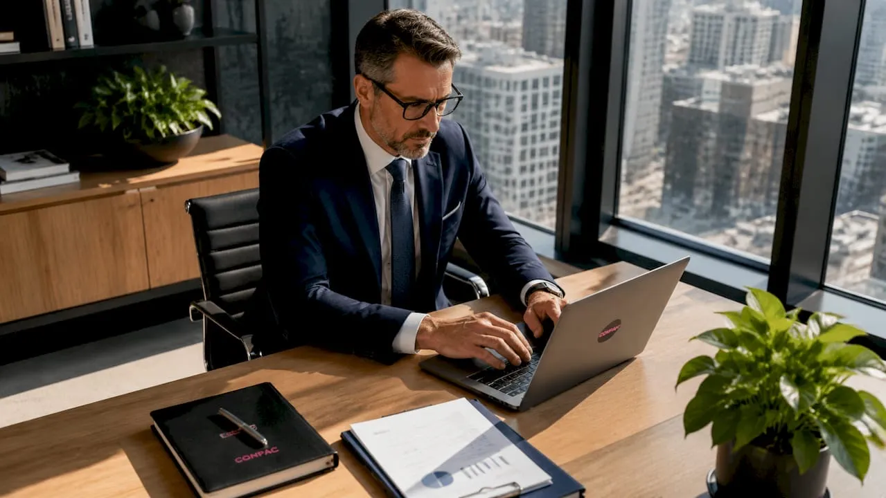 Imprenditore al lavoro in ufficio che sfrutta LinkedIn per trovare nuovi clienti