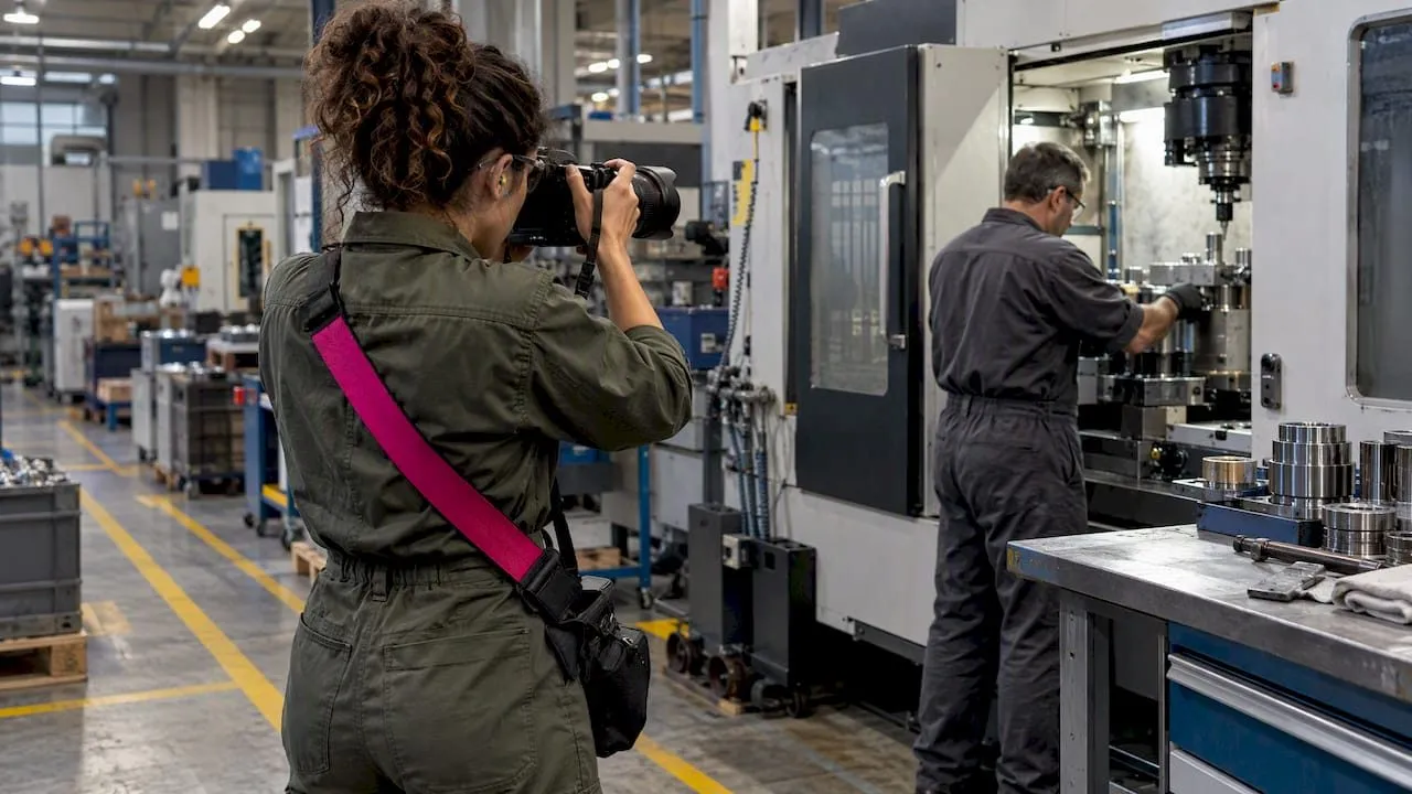 Una fotografa sta documentando una macchina nel reparto