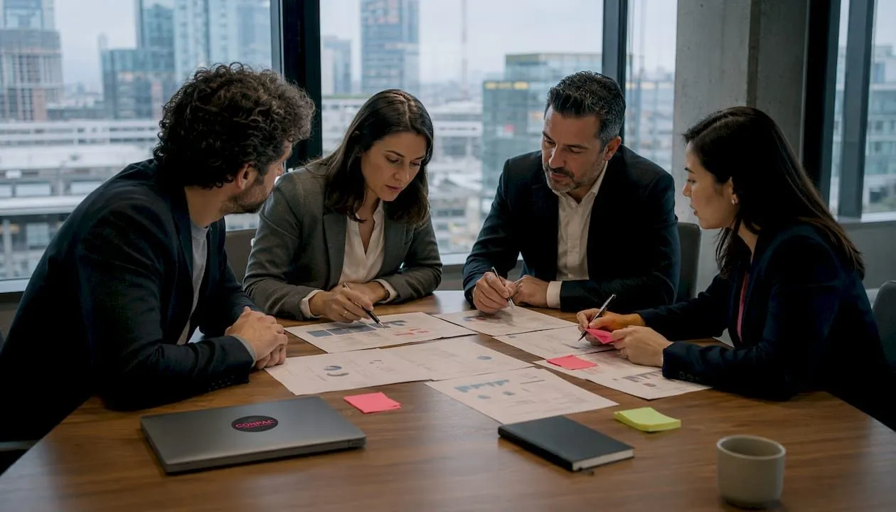 Team di professionisti al lavoro su una riunione strategica per lo sviluppo industriale