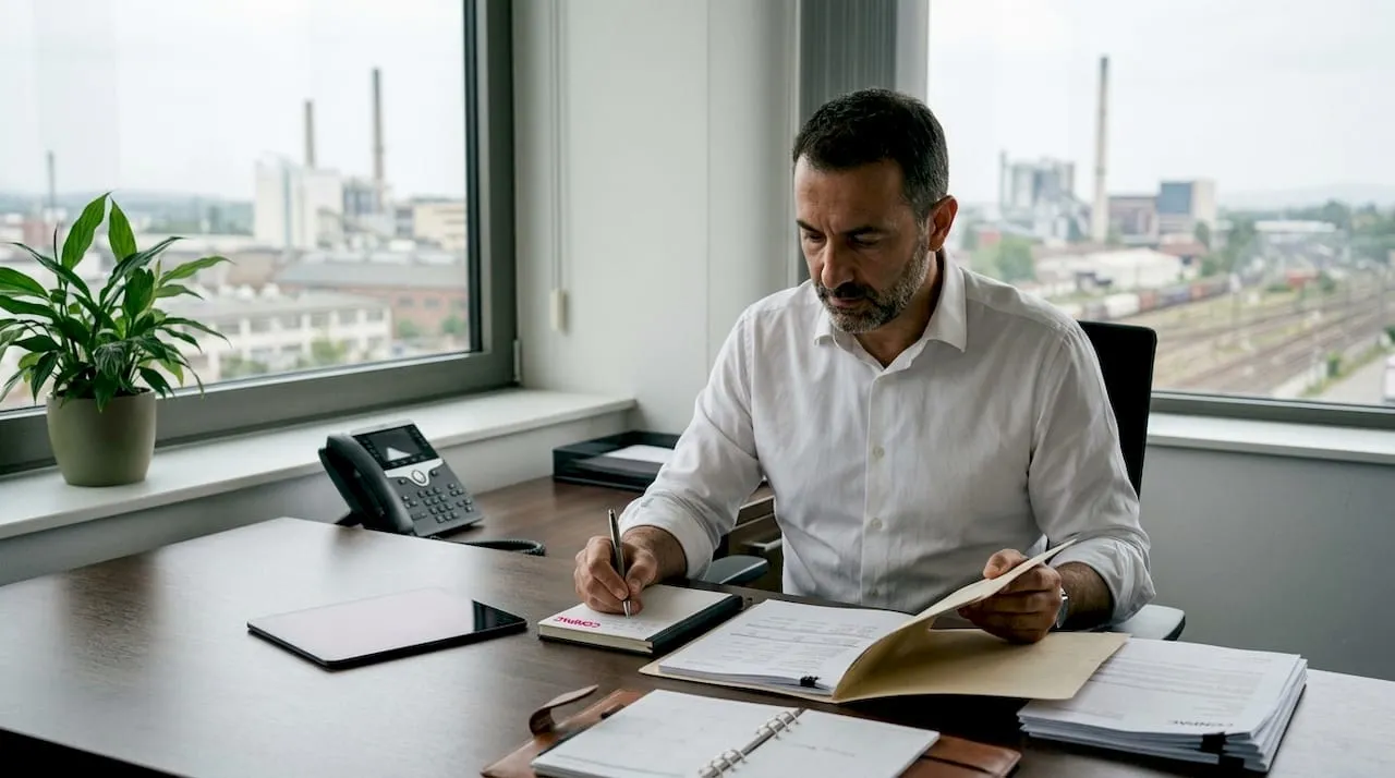Un esperto analizza documenti aziendali nel suo ufficio durante una collaborazione tra imprese.