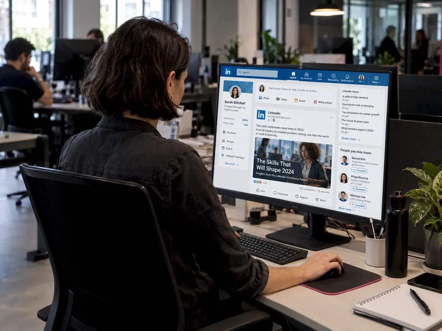 Professionista in ufficio consulta il feed LinkedIn con un post illustrato sul monitor