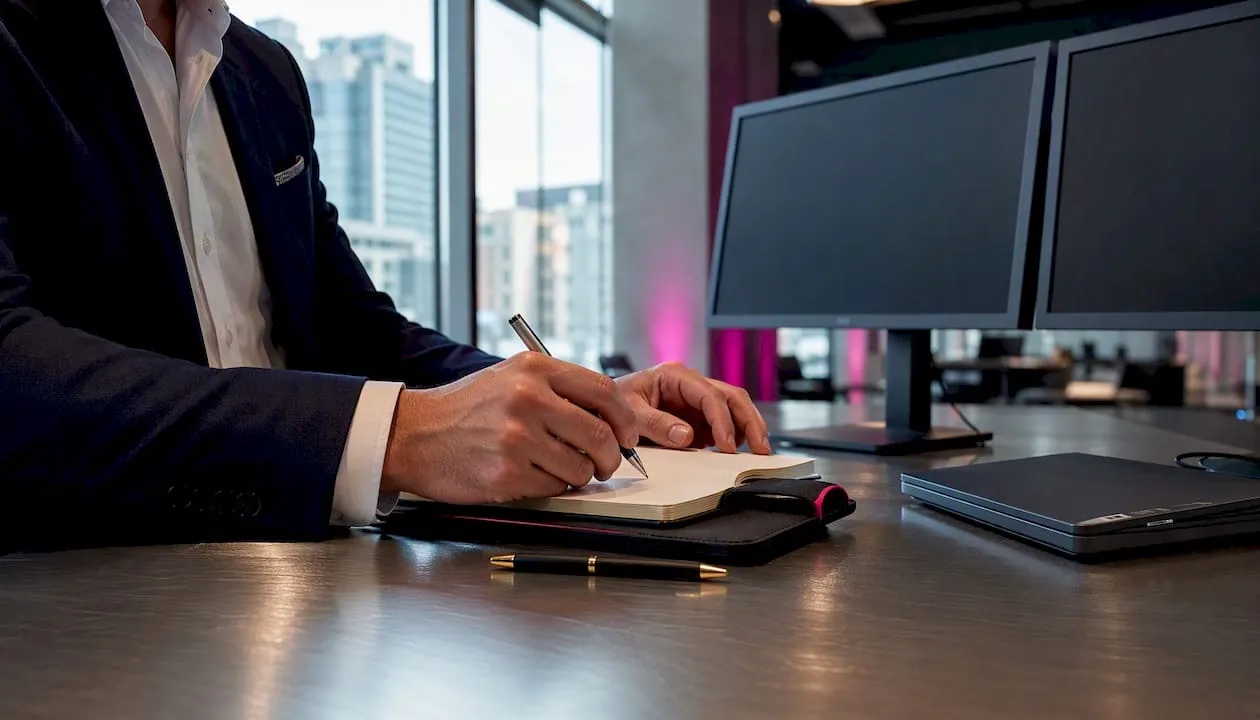 Dettaglio di mani al lavoro con soluzioni tecnologiche per l’ufficio dedicate alle aziende