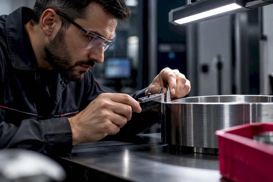 Il tecnico controlla un componente nella linea di qualità