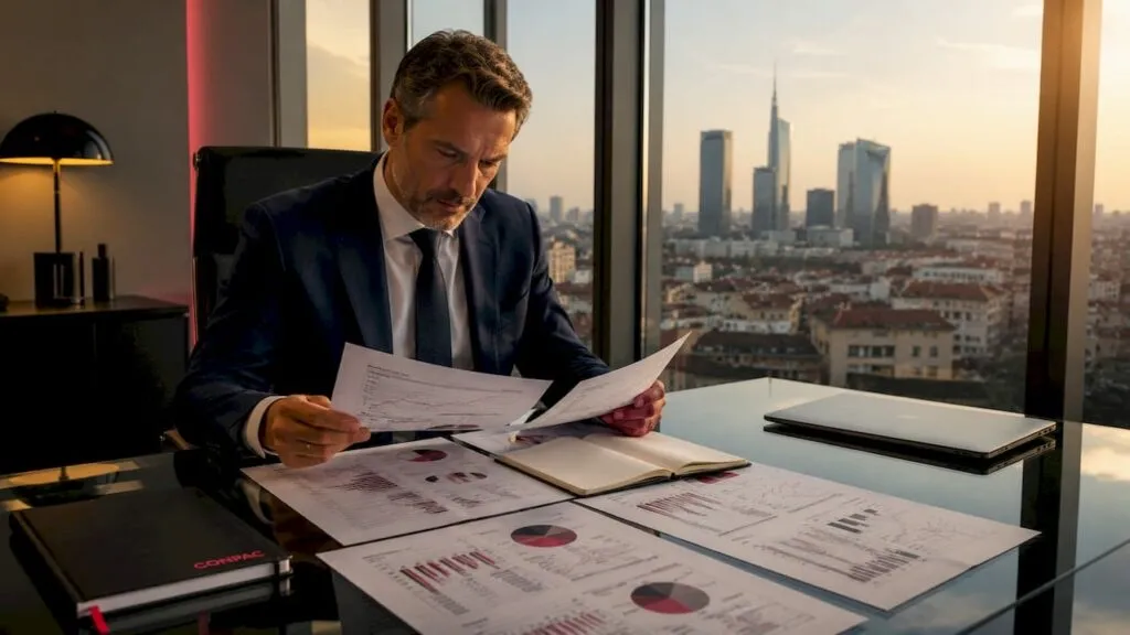 Un manager analizza i report di LinkedIn nel suo ufficio aziendale
