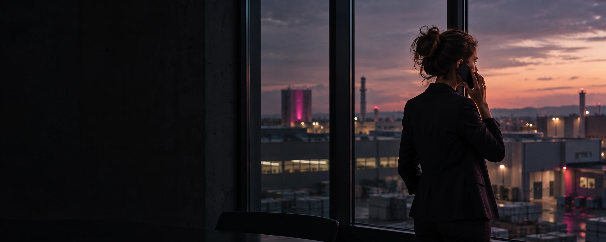 Una professionista parla al telefono davanti alla sede di un’azienda al tramonto