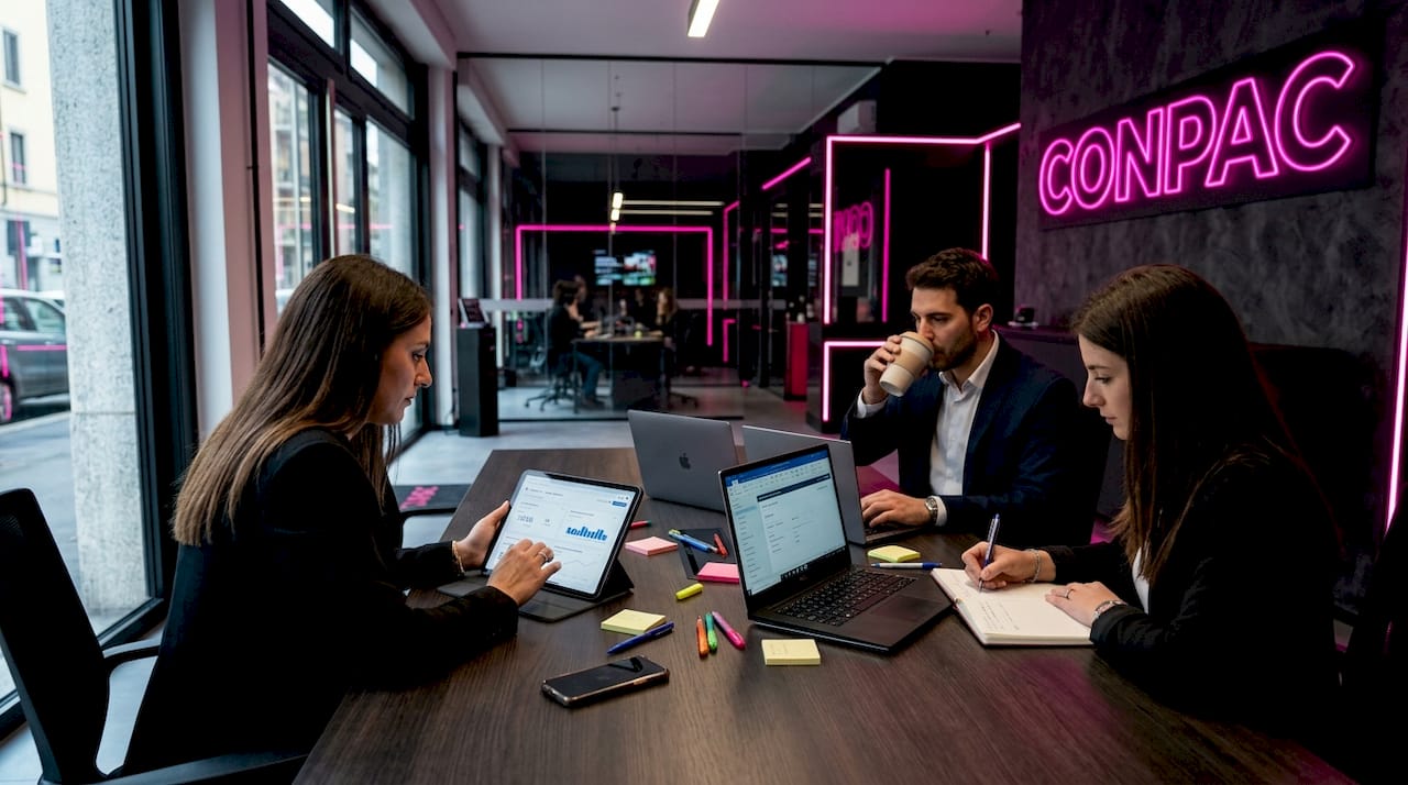 Un team di lavoro riunito in un ufficio luminoso mentre analizza i dati di LinkedIn Analytics.