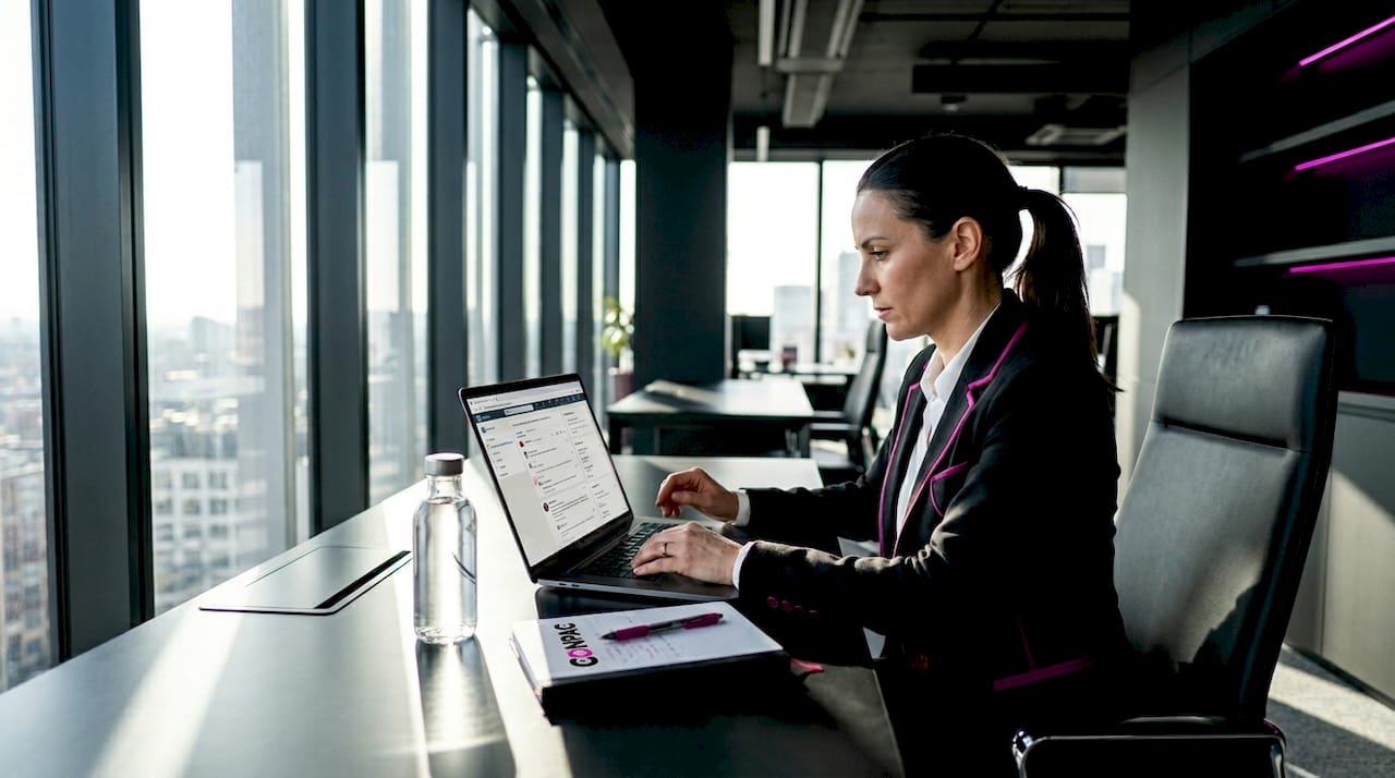 Professionista al femminile che cura la sua presenza online lavorando alla scrivania