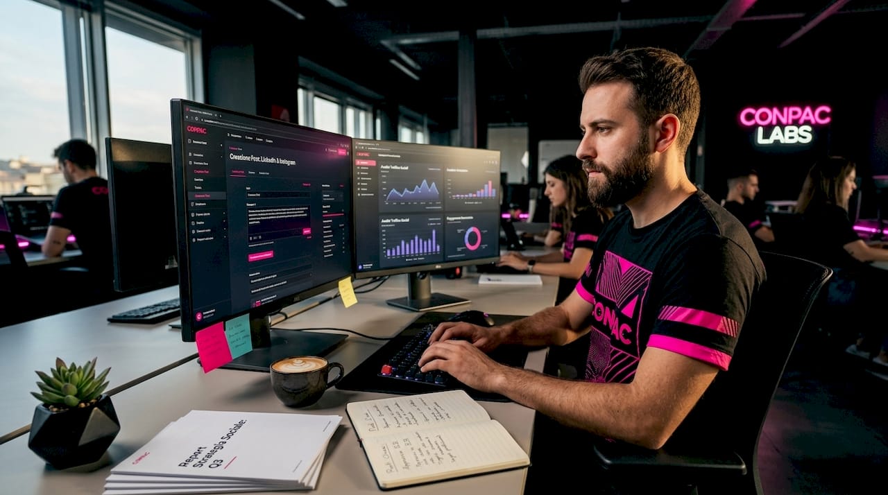 Content manager al lavoro alla sua scrivania, davanti a due monitor