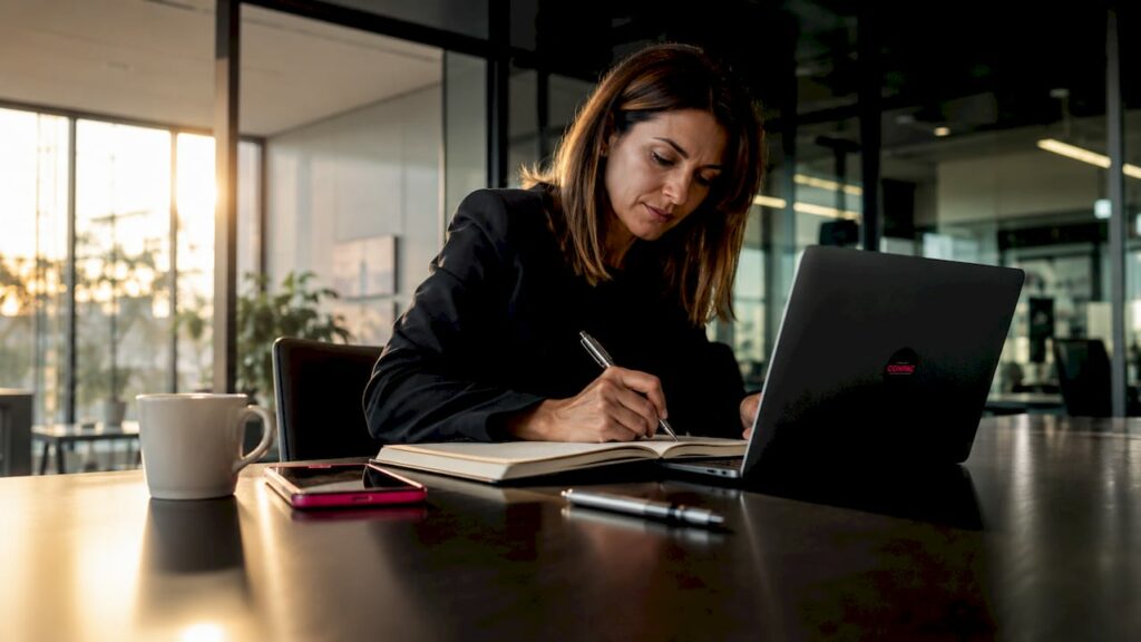 Professionista al femminile che si dedica ad approfondire le strategie per aumentare i follower su LinkedIn.