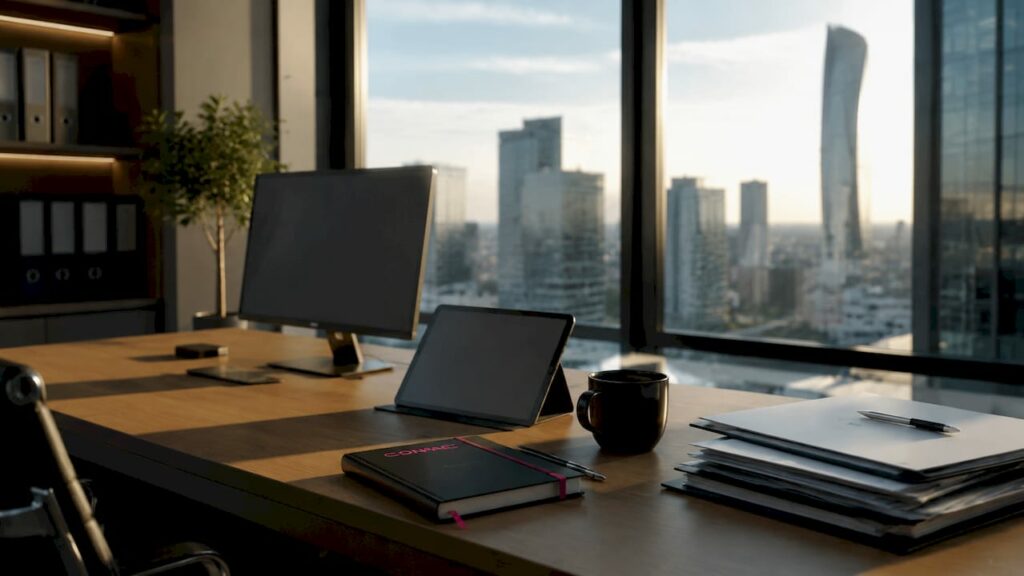 La scrivania dell’ufficio tecnico, con il tablet ancora spento e una tazzina di caffè accanto.