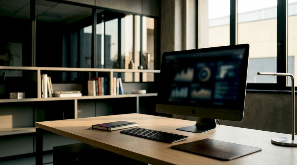 Scrivania moderna per l’ufficio con due monitor spenti