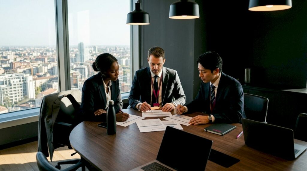 Un gruppo di professionisti sta analizzando la checklist operativa per le agenzie B2B durante una riunione in ufficio.