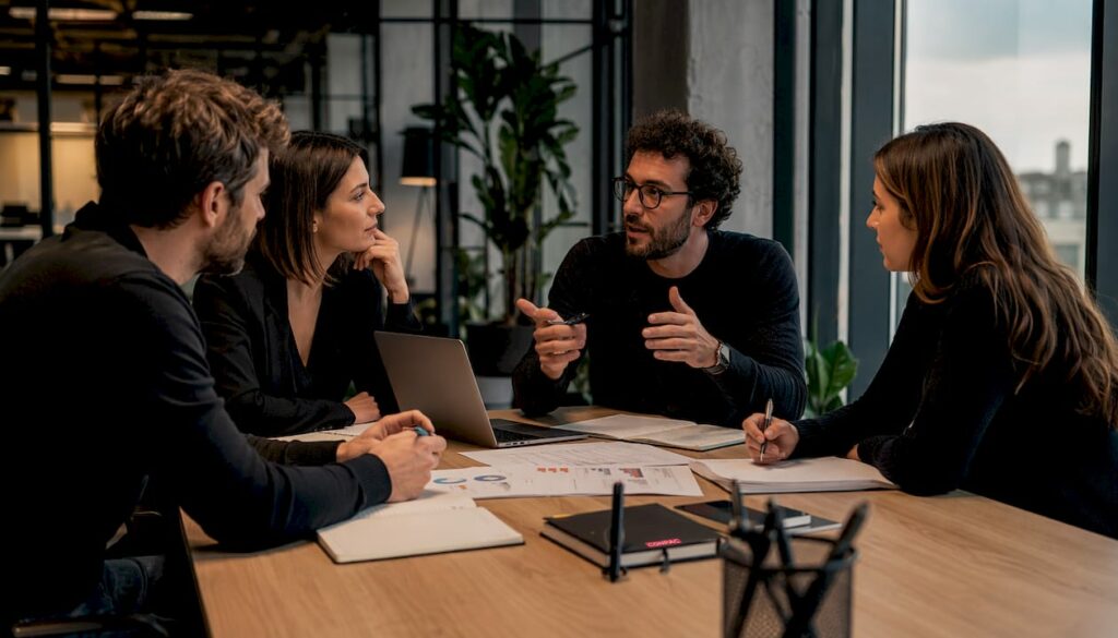 Manager e professionisti del settore B2B durante una riunione di pianificazione strategica