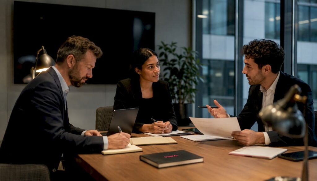 Un team di professionisti si confronta in una riunione strategica all’interno dell’ufficio tecnico.