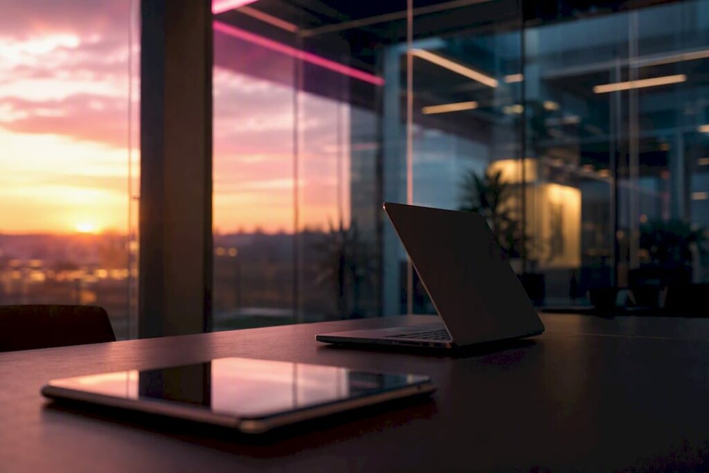 Scrivania moderna attrezzata con dispositivi digitali, immersa in un’atmosfera elegante e dalle luci soffuse.